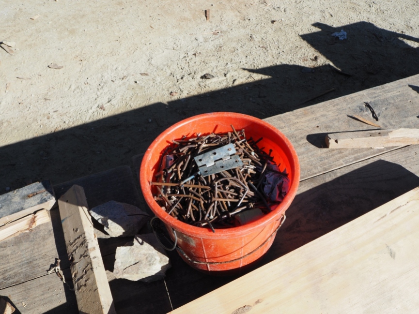 A bucket full of nails pulled out of all the wood and ready for straightening and reusing.